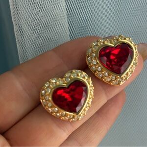 Joan Rivers Classics Collections  Gold Heart Earrings with Red Crystal Centers